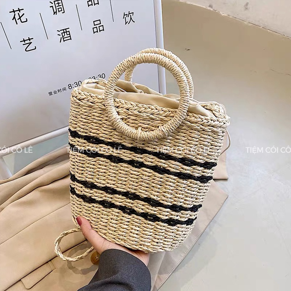 Túi cói đi biển sọc ngang quai tròn, giỏ xách phụ kiện du lịch, chụp ảnh - Tiệm Cói Cô Lê