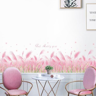 Decal dán tường   Chân tường hoa cỏ may hồng