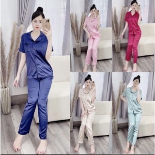 Bộ đồ ngủ pijamas vải lụa áo cộc tay quần dài cao cấp