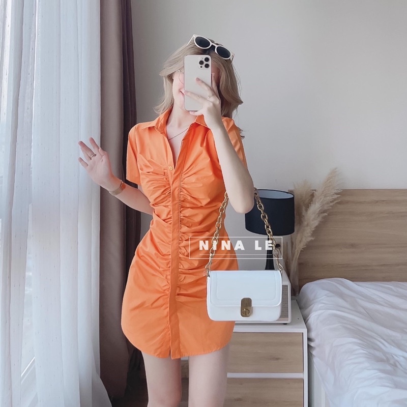 Váy sơmi nhún ❤️Đầm thân nhúng ngắn tay