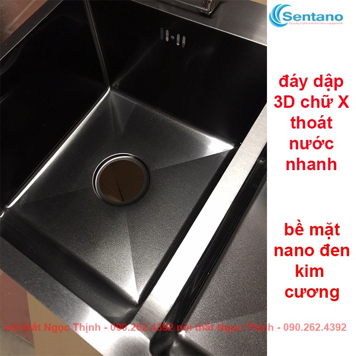 Combo Chậu rửa chén bát SENTANO inox sus304 nano đen chống trầy xước 100x48cm (kèm vòi NL vuông dẹp, rổ inox đa năng)