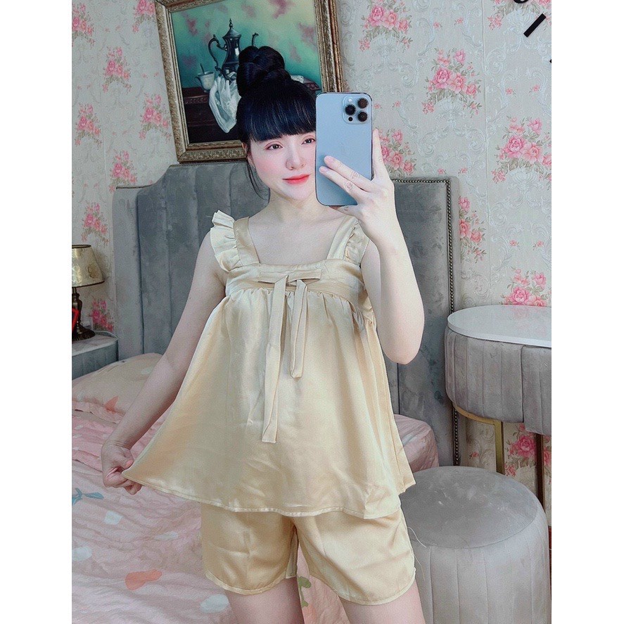 Set áo 2 dây bản to quần đùi xẻ lụa satin mềm mại