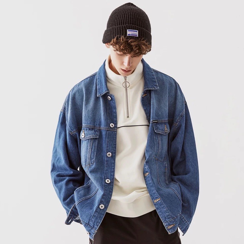 Áo Khoác Jeans bò nam nữ T-A-N from rộng Châu Âu AJT1 màu xanh đậm