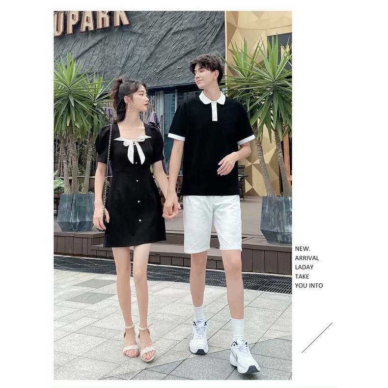 - Áo váy thun đôi, set đồ đôi đen xòe nơ trắng to  - Đồ đôi nam nữ Forever Couple Store