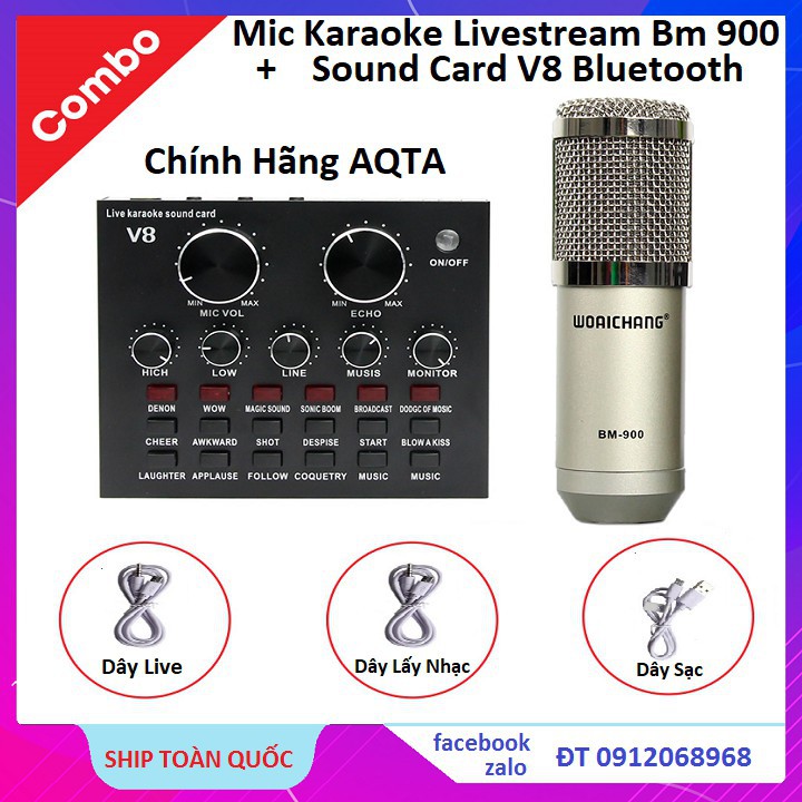 Combo Soundcard V8 AQTA Chính Hãng Bluetooth + Mic Karaoke Livetream BM 900, Có AutoTune Chuẩn Phòng Thu