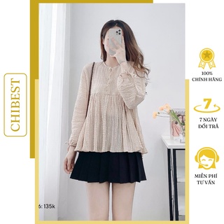 Áo babydoll cổ tròn dài nơ tay nút ngực chất vải xốp ô  DAB56
