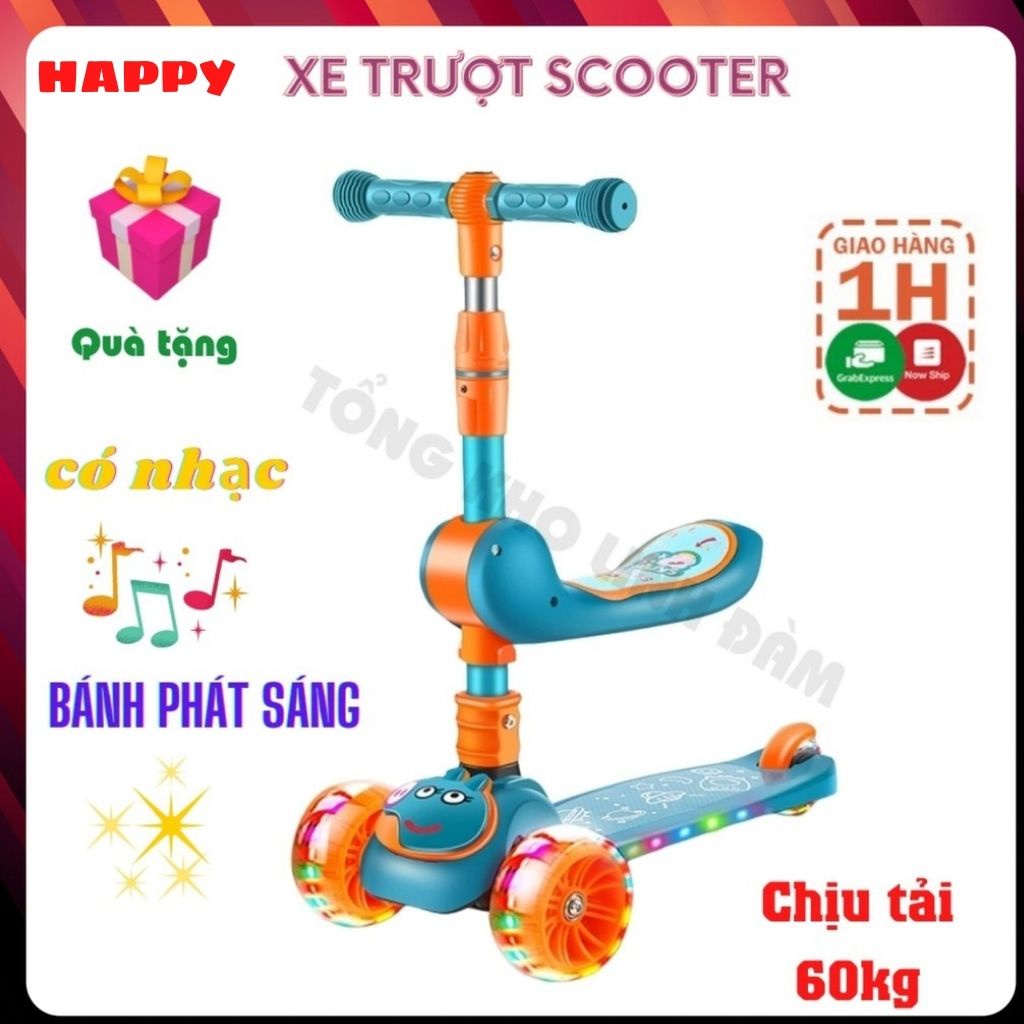 [HÀNG CAO CẤP] Xe trượt Scooter HAPPYBABY, xe đồ chơi Bánh To Phát Sáng, ghế ngồi, Gấp gọn có nhạc, cho trẻ từ 2-15 tuổi