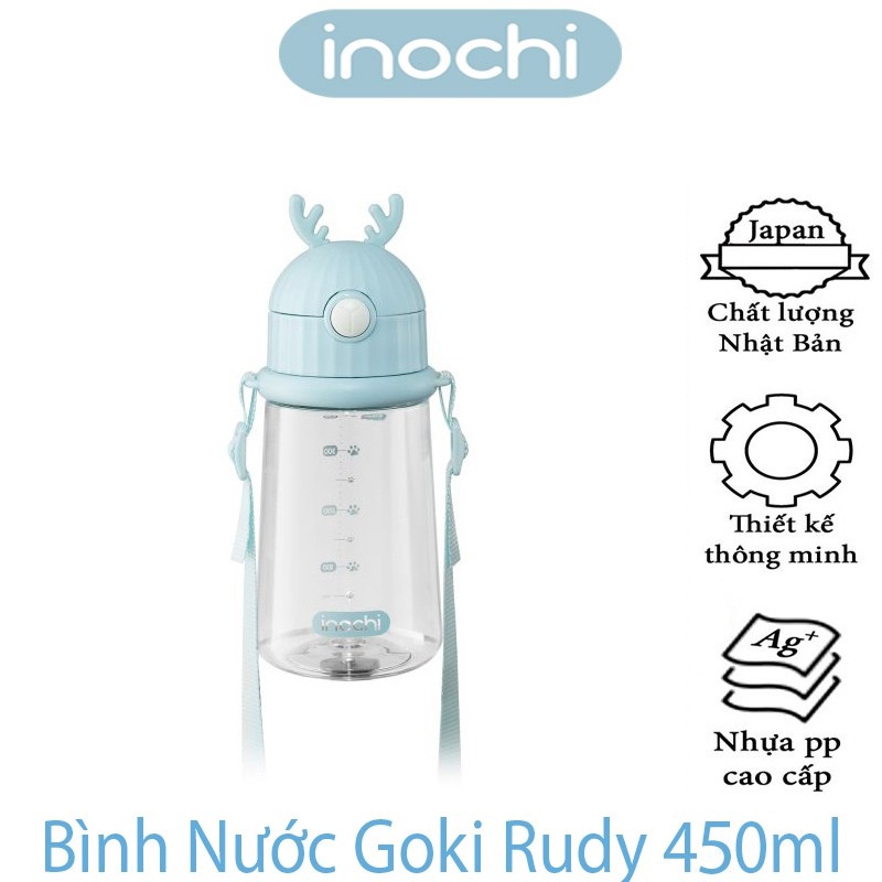 Bình đựng nước INOCHI Goki Rudy trẻ em có ống hút, dây đeo, nhựa Tritan 450ml