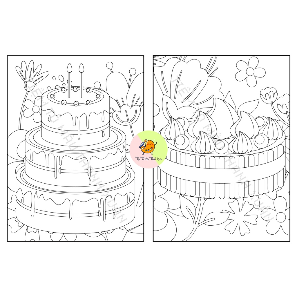 Set 50 Tờ Tranh Tô Màu Hình Bánh Ngọt Tô Màu Sáp, Màu Chì - Tiệm Tô Màu Thanh Xuân