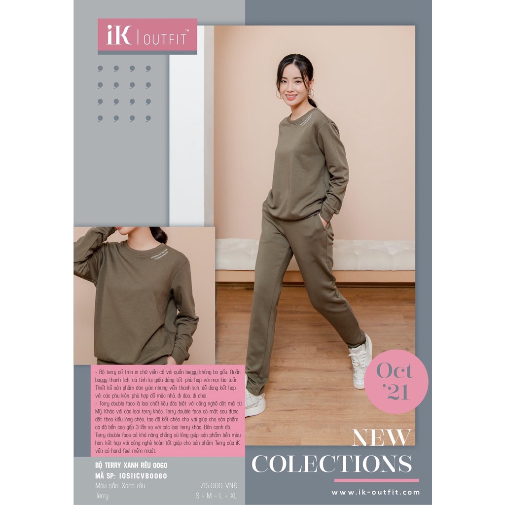 Bộ đồ mặc nhà thu đông IK. SET đồ Terry cổ tròn cao cấp, thiết kế kiểu dáng dài thu đông trơn đơn giản, dễ mặc