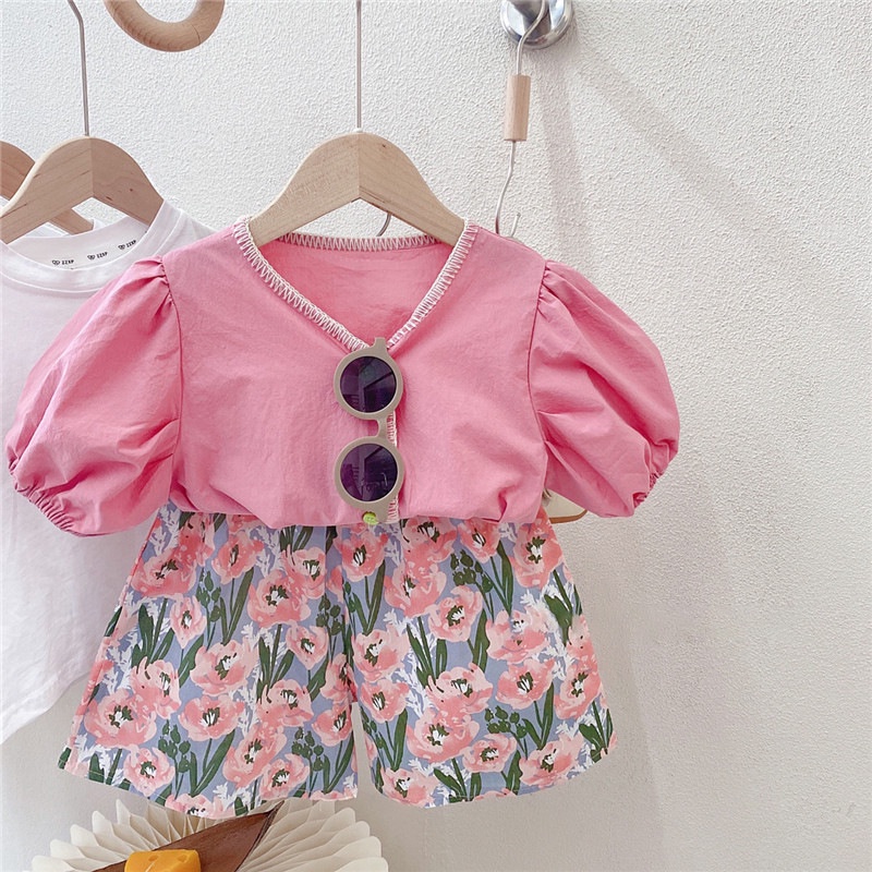 Set Áo Sơ Mi Tay Ngắn Phồng Phối Quần Short In Hoa Thời Trang Mùa Hè Phong Cách Hàn Quốc Cho Bé Gái