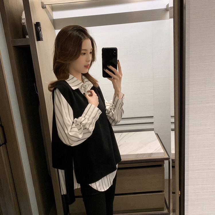 Set áo sơ mi + áo gile len không tay màu đen thời trang cổ điển cho nữ (có bán lẻ)