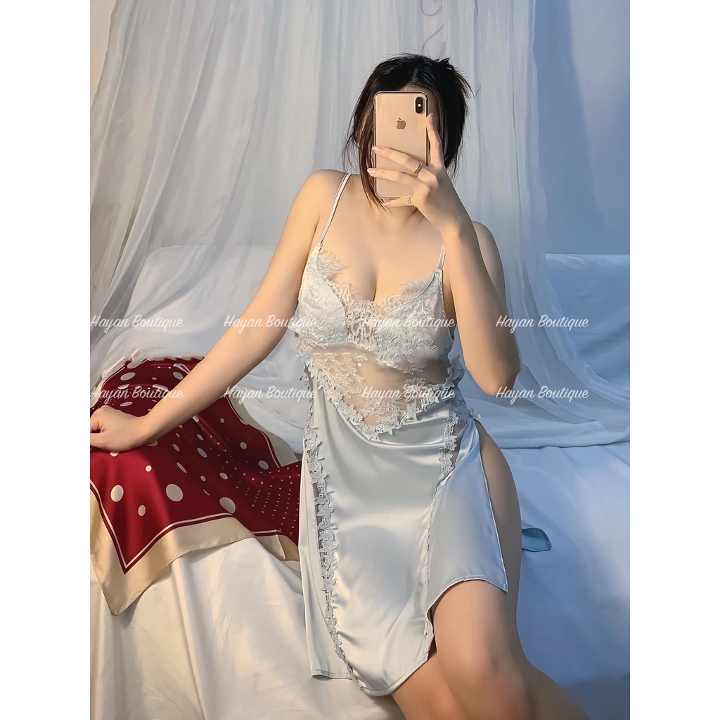 HT72 Váy ngủ sexy viền ren xẻ hông quyến rũ, đồ ngủ lụa mặc nhà gợi cảm HT72