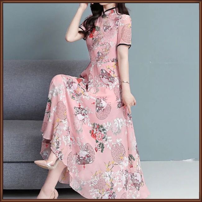 Đầm Sườn Xám Lưng Cao In Họa Tiết Hoa Phong Cách Trung Hoa Thời Trang Cho Phụ Nữ Trung Niên
