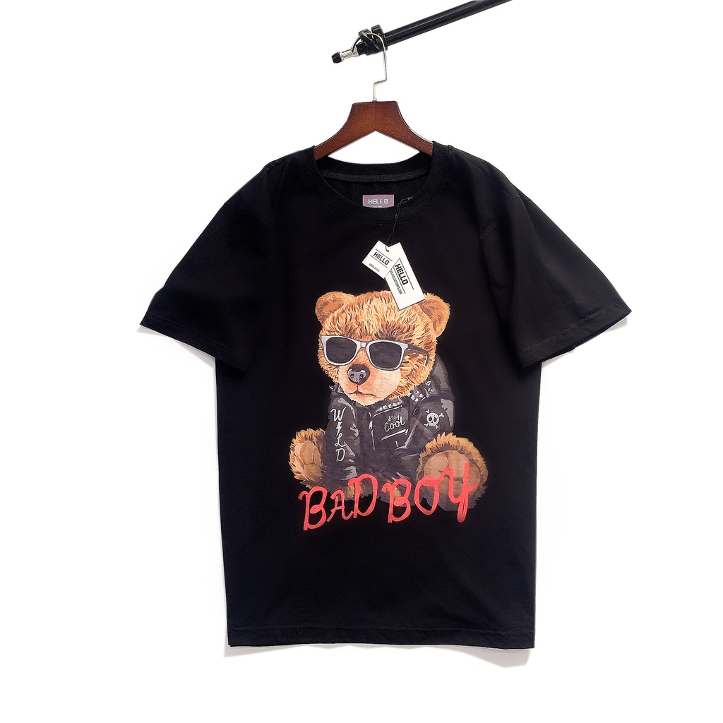 Áo thun tay lỡ form rộng unisex Hello, Áo phông tay lỡ in hình Gấu ATL002 co giãn 2 chiều