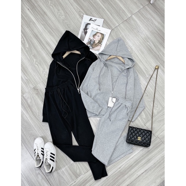 Bộ thể thao có mũ len tăm 3 món/bộ mặc ở nhà cho nữ | BigBuy360 - bigbuy360.vn