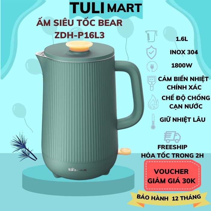 Ấm siêu tốc 1.6L Bear bình đun siêu tốc lõi inox cao cấp công nghệ làm nóng nhanh an toàn Gia dụng Bear Tuli Mart