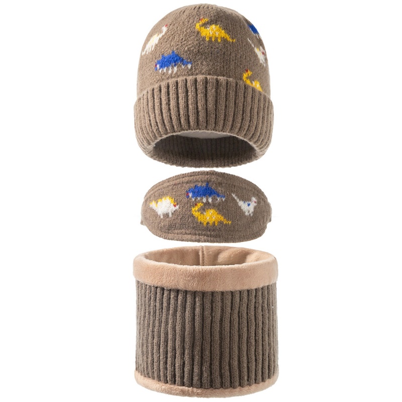 Bộ 3 Món Gồm Mũ beanie Dệt Kim Che Mặt Và Khăn Choàng Cổ Hình Khủng Long Giữ Ấm Mùa Đông Cho Bé