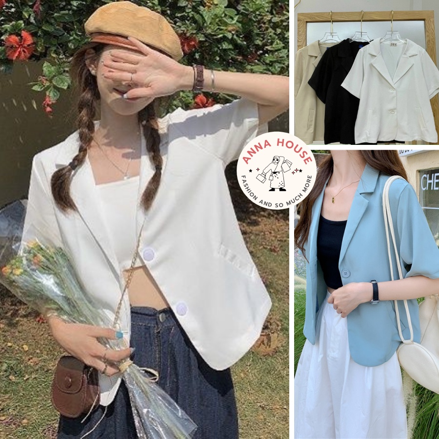 Áo Blazer nữ tay ngắn cổ vest dáng croptop, áo Blazer croptop dáng ngắn form rộng 1 lớp cộc tay trơn nhiều màu