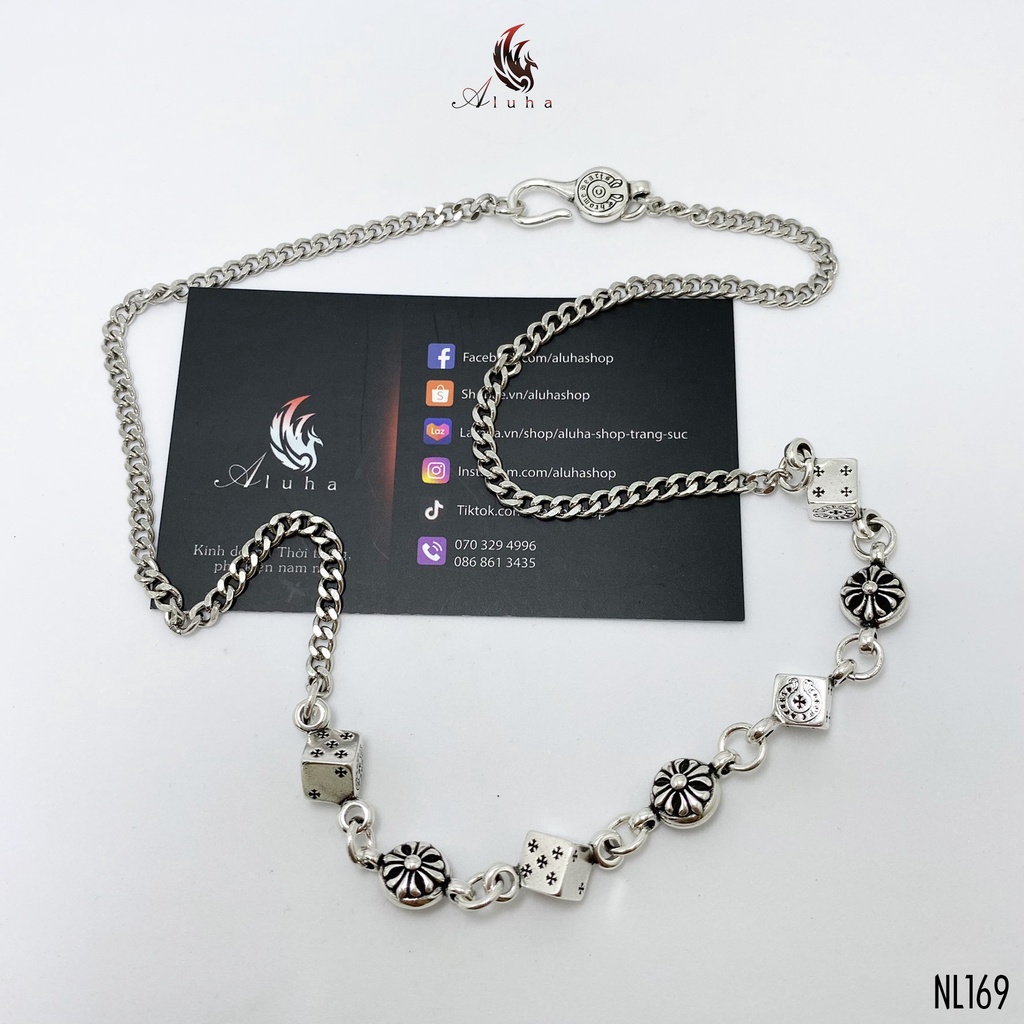 Dây chuyền đồng trắng không rỉ Chrome Heart khắc nổi hoa Iris, xúc xắc biểu tượng CH - NL169 - Aluha