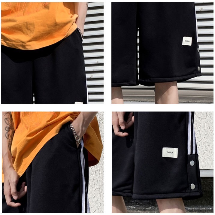 Quần đùi nam ống rộng kẻ 3 sọc khuy bấm màu đen đẹp d06 Pon.mens