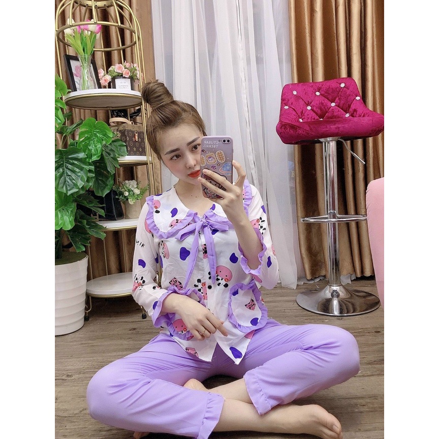 Đồ Bộ Pijama Tay Dài Tiểu Thư Xinh Xắn, Vải Kate Lụa Mềm Mịn Thoáng Mát, Freesize Dưới 57kg ĐA DẠNG MẪU CHỌN LỰA