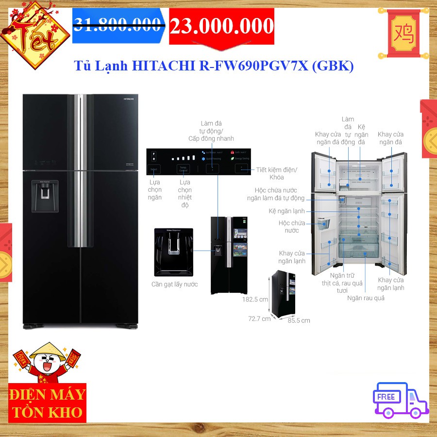 Tủ lạnh Hitachi Inverter 540 lít R-FW690PGV7X GBK dienmaytonkho.com