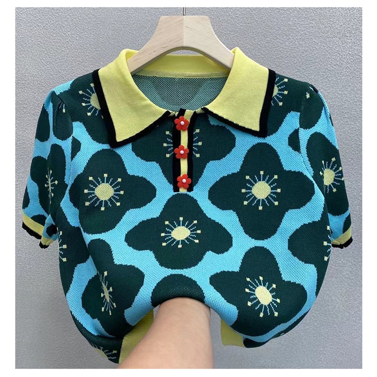 Áo kiểu dệt kim tay phồng cổ polo in họa tiết hoa màu sắc tương phản phong cách retro thời trang mùa hè xinh xắn | BigBuy360 - bigbuy360.vn