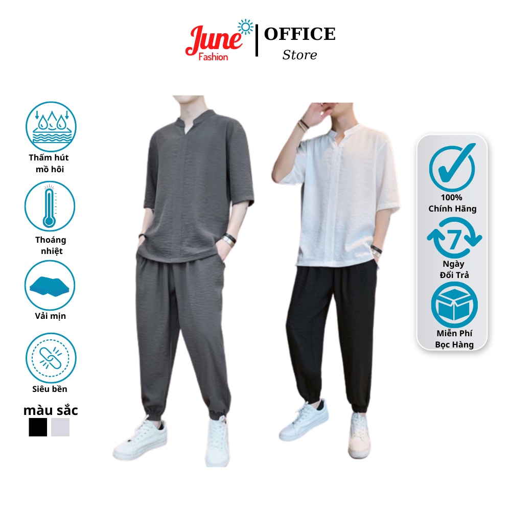 Bộ đũi nam hè June Fashion chất nhẹ thoáng mát, set quần dài áo cộc tay không bị xù, không nhăn, form đứng dáng mã 255
