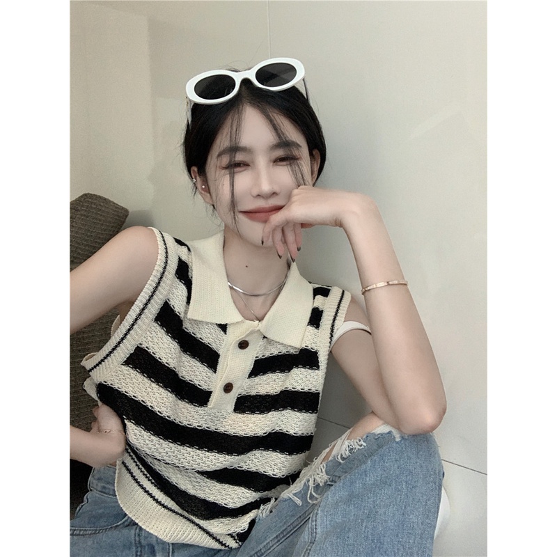 Áo Thun polo Dệt Kim Mỏng Dáng Rộng Họa Tiết Kẻ Sọc Thời Trang Mùa Hè Phong Cách Hàn Quốc Cho Nữ