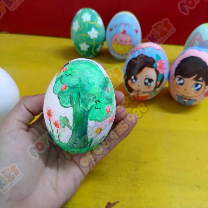 Trứng tô màu phục sinh cho bé, 6 trứng tượng thạch cao, kèm cọ màu khay cho bé tô màu