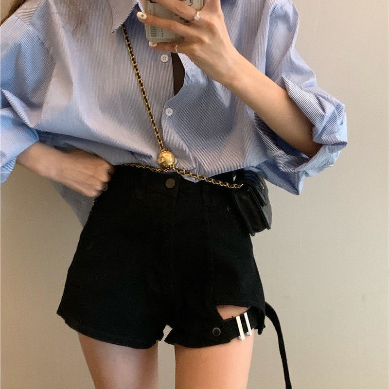 Jiashucheng Quần Short Denim Chữ a Lưng Cao Ống Rộng Rách Gối Phong Cách Mới Mùa Hè Cho Nữ