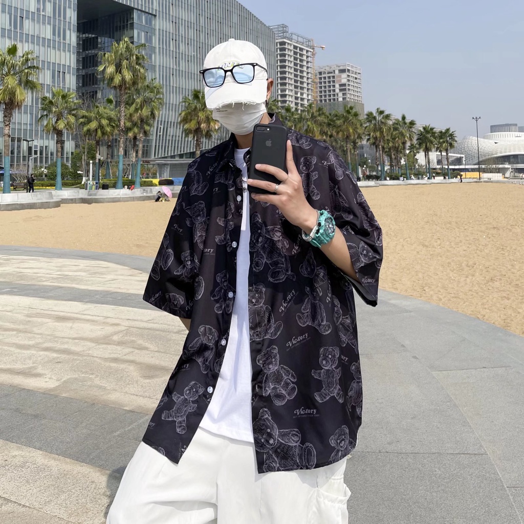 Short Sleeve Shirt With Cartoon Bear Pattern High Quality Korean Style Summer Fashion 2022 For Men