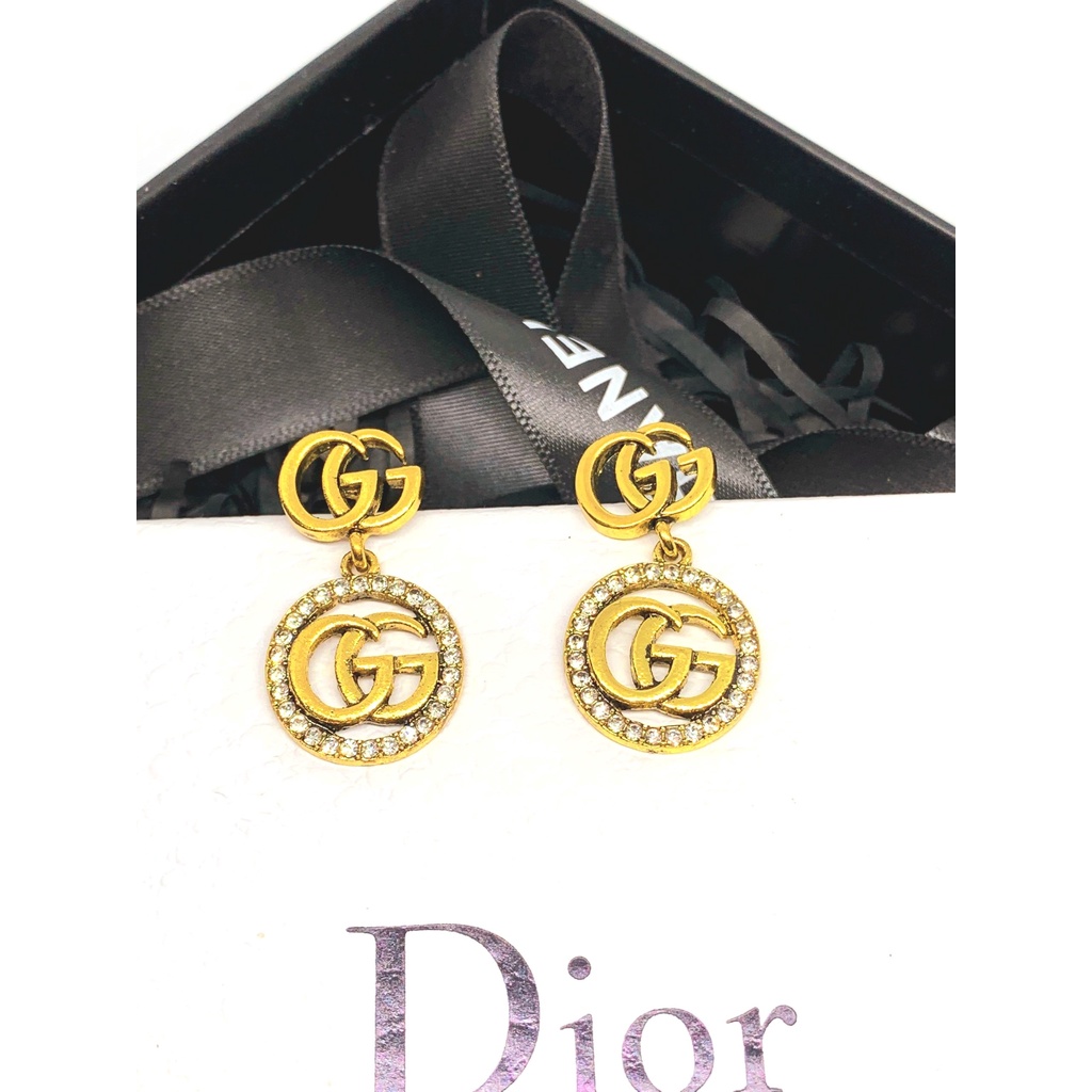 Khuyên tai nữ thương hiệu GG thả dài đính đá mạ vàng sanh chảnh TB459 TOBI STORE