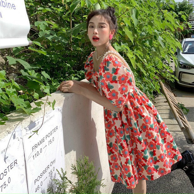 Đầm bánh bèo họa tiết phối hoa cute dễ thương cho các nàng bánh bèo đây bầu bon chen thỏa mái