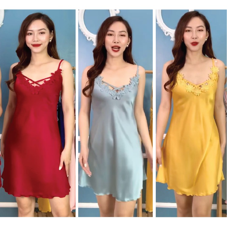 Váy Ngủ Nữ Lụa Satin Trơn Dáng Xuông Liền Thân DAMAD06AMK