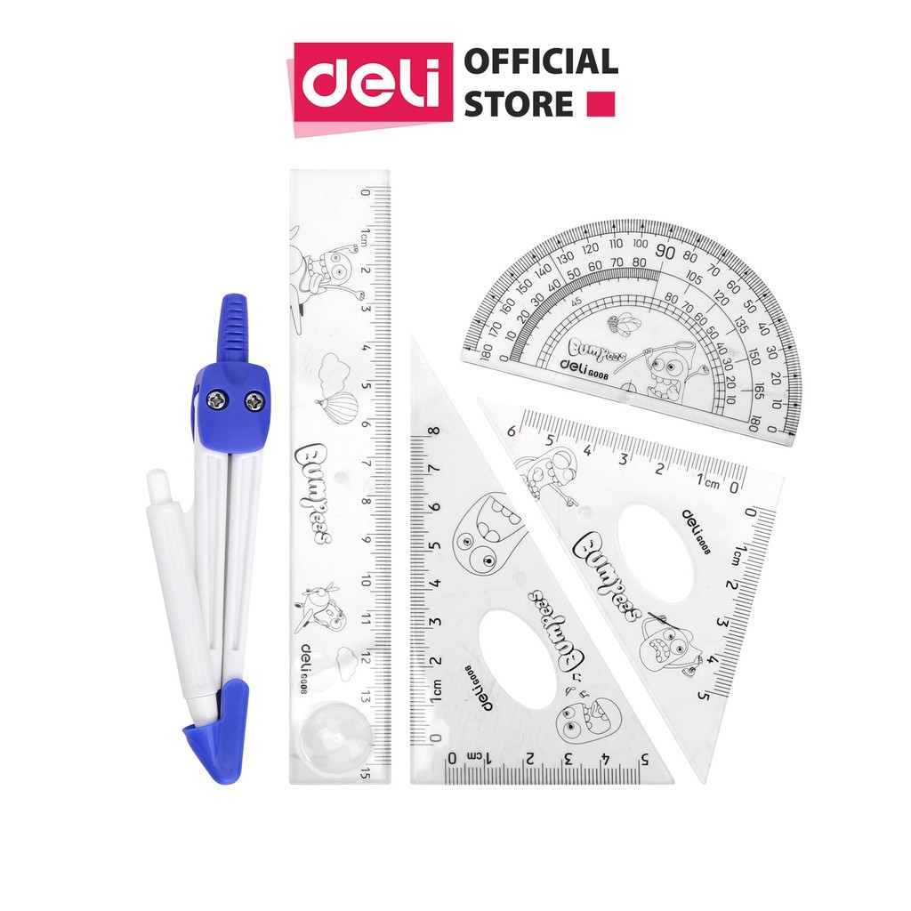 Bộ 5 dụng cụ đo độ, eke, thước thẳng, compa Deli E9598