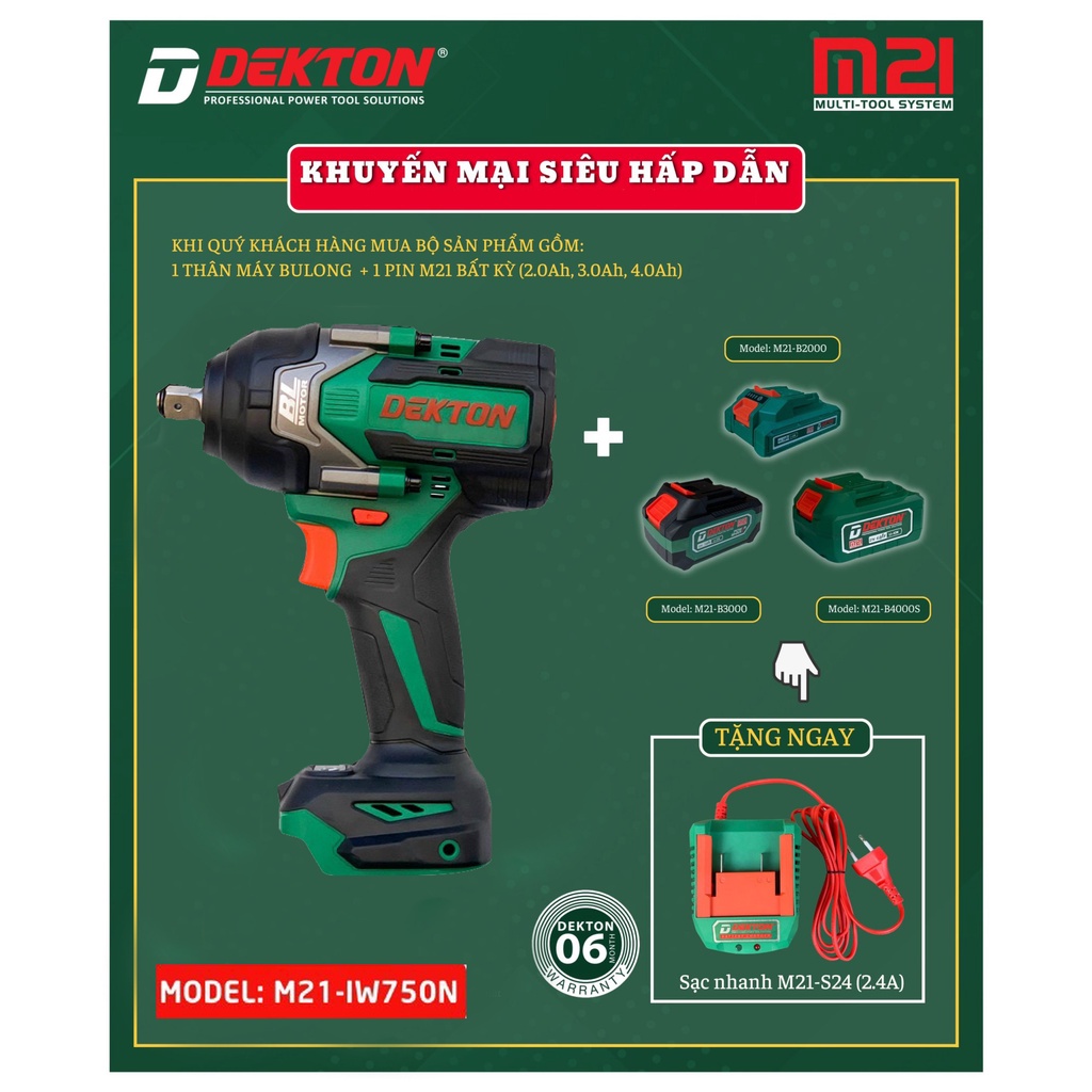 Máy siết bulong dùng pin 18V Dekton M21-IW750N 750Nm
