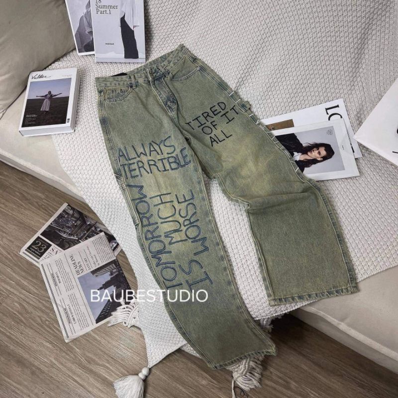 Quần jeans suông chữ thêu hàng QCL1