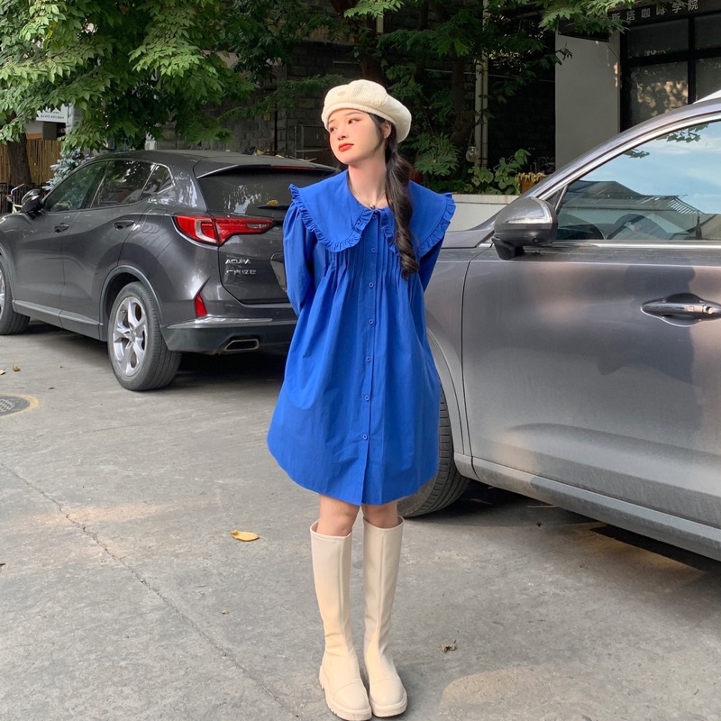 Đầm sơmi babydoll cổ bèo dễ thương hàng quảng châu