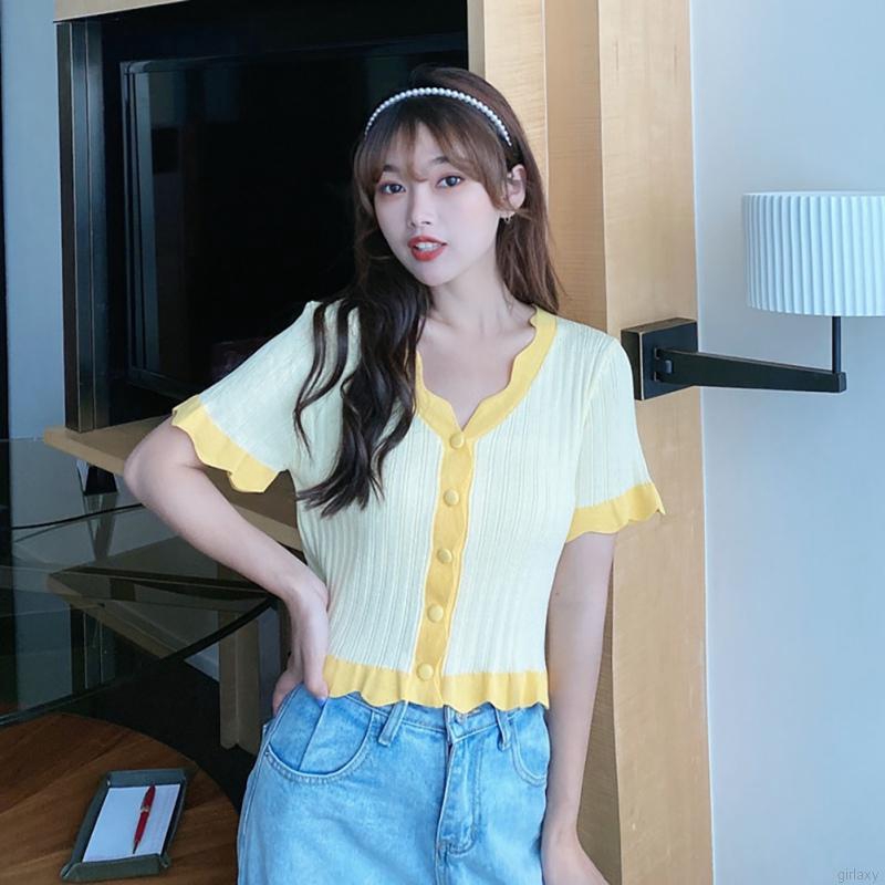 Áo Cardigan Dệt Kim Tay Ngắn Cổ Chữ V Dáng Rộng Phong Cách Hàn Quốc