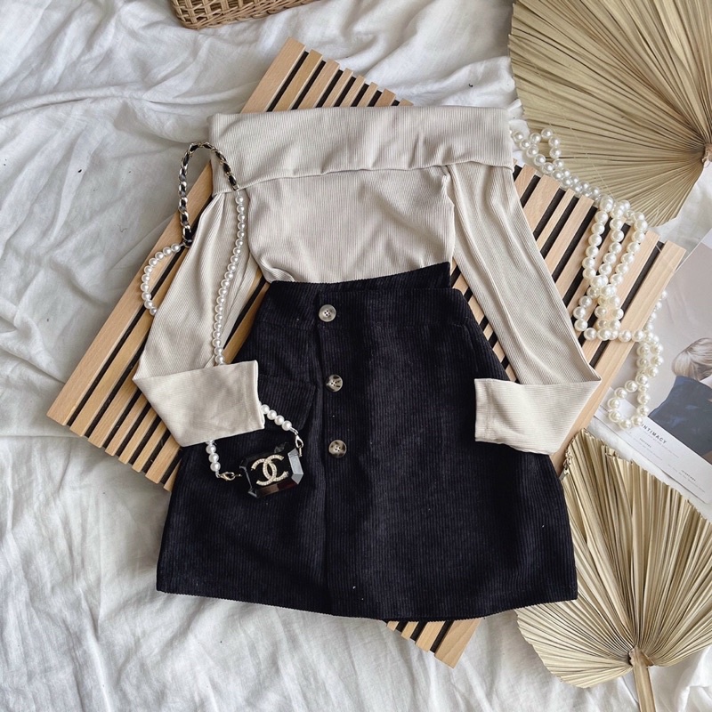 SET Áo bẹt vai kèm Chân váy nhung tăm chéo NÀNG CLOSET
