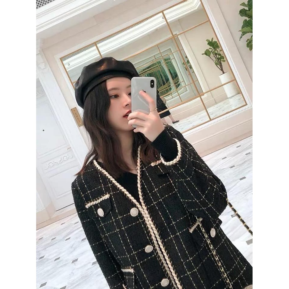 [Siêu Hot] Áo Khoác Dạ Tweed Đen Viền Ngọc Dài Tay | BigBuy360 - bigbuy360.vn