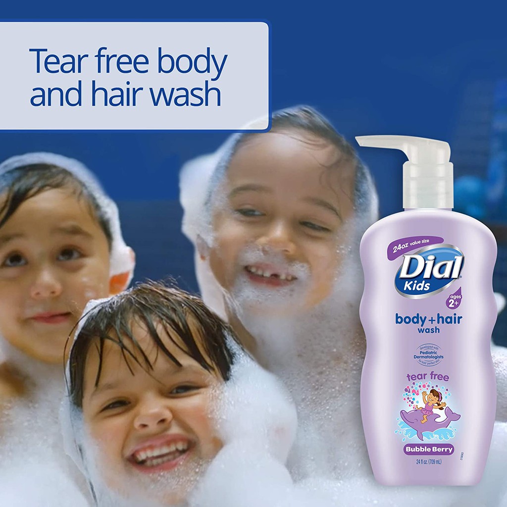 Dầu gội, xả, tắm 3 trong 1 cho trẻ em hương berry Dial Kids Body + Hair Wash Bubble Berry 709ml (Mỹ)