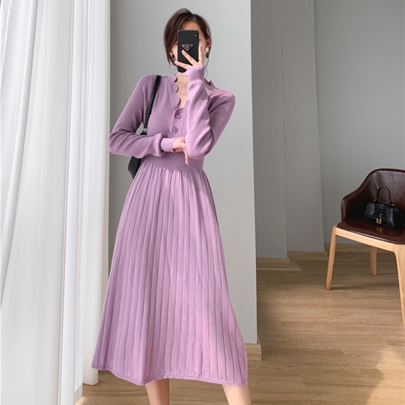 Đầm Len Dài Tay Màu Tím Thời Trang Thu Đông Cho Nữ váy