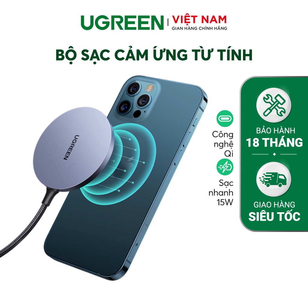 Bộ sạc không dây từ tính UGREEN 30233 Công nghệ sạc Qi, sạc ổn định công suất 15W - Hàng phân phối chính hãng