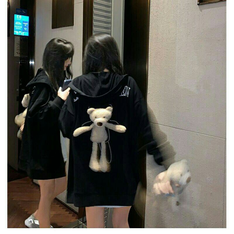 Áo khoác ulzzang dáng rộng có gắn gấu bông siêu xinh