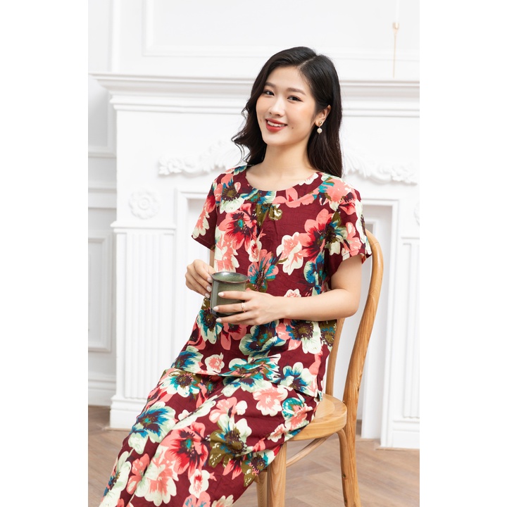 Bộ đồ mặc nhà trung niên lanh Vicci áo cộc,quần ống sớ BGS.06 nhiều họa tiết