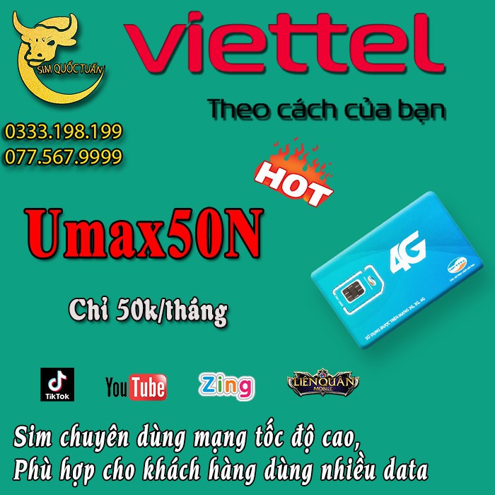 Sim Viettel KHÔNG giới hạn dung lượng mạng - XEM YTB, chơi game thả ga chỉ có 50k/tháng - Tặng tháng đầu