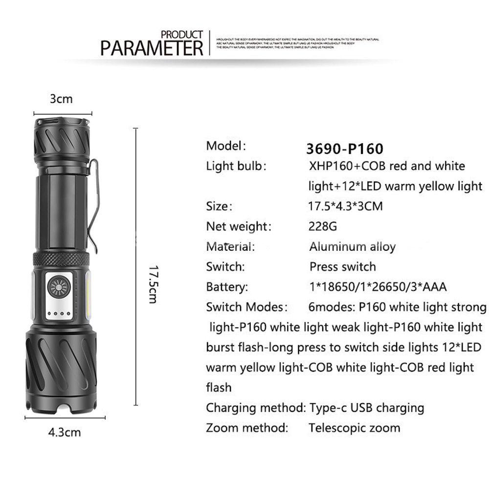 Đèn Pin Xhp160 + Cob Siêu Sáng Sạc USB Tiện Dụng